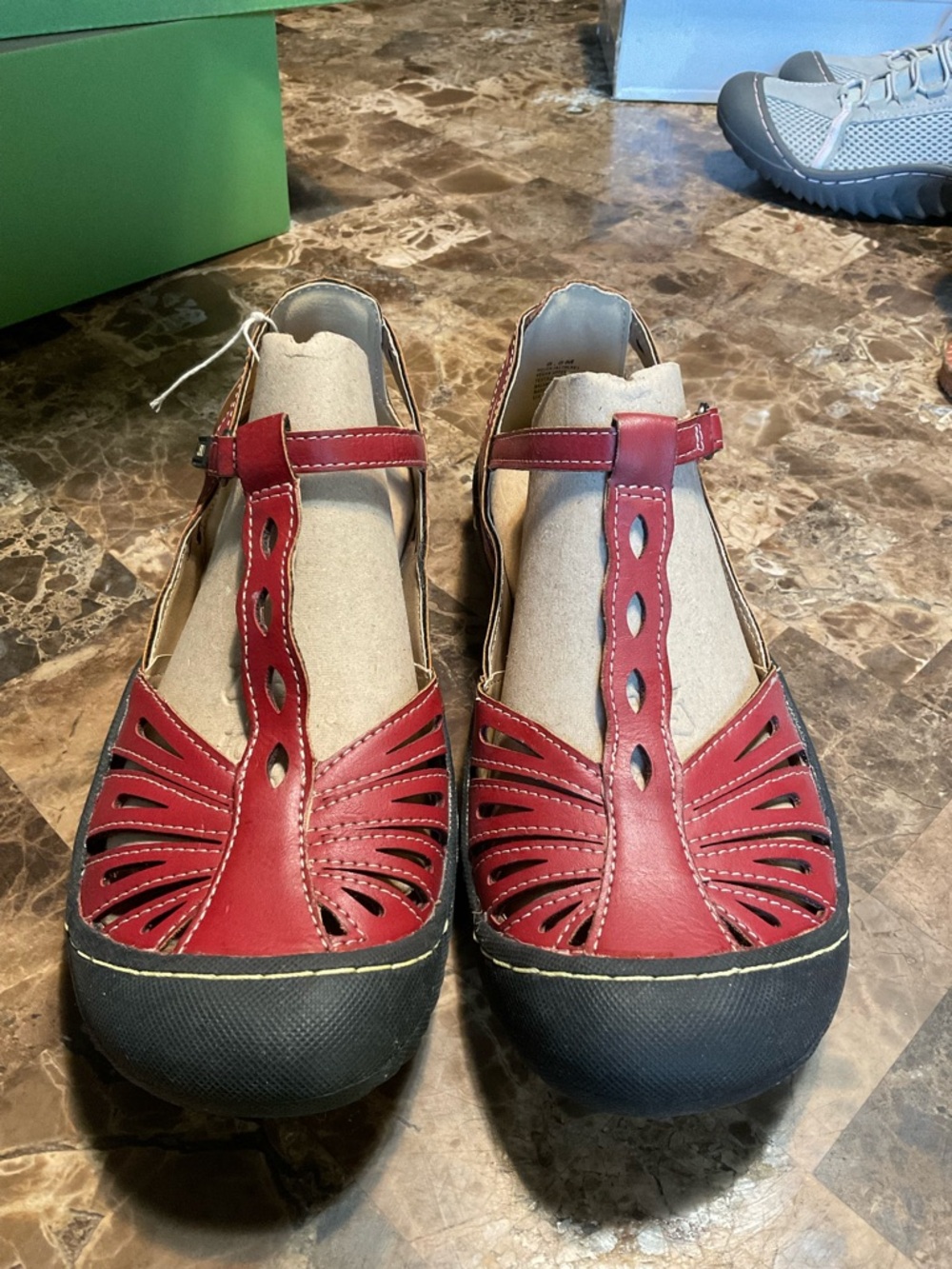 JBU Red T-Strap Sandals with Black Toe